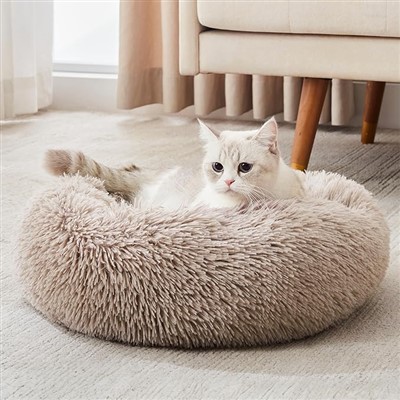 Rund donut katte- og hundepudeseng, 20 tommer kæledyrsseng til katte eller små hunde, skridsikker og vandafvisende bund, blødt slidstærkt stof kæledyrssenge, vaskbar luksusseng til katte og hunde Grå partikel